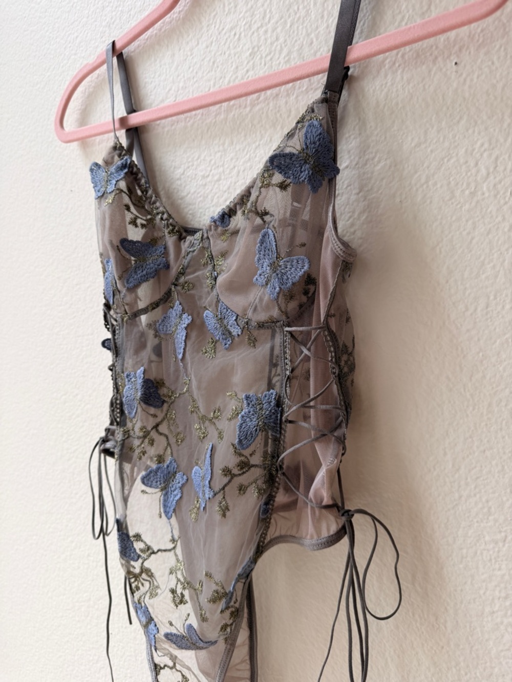 Sheer Butterfly Embroidered Bodysuit Lace Up Sides Gray Blue Mesh Lingerie Large - Picture 6 of 13